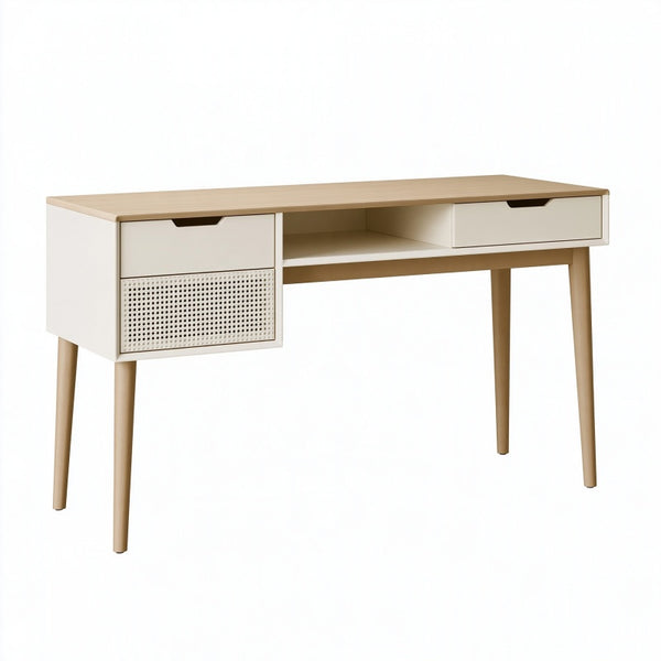 Scrivania 120 x 55 x 76 cm in legno bianco e naturale con cassetti stile nordico