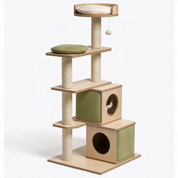 Albero tiragraffi per gatti 60 x 50 x 150 cm in legno beige e verde oliva con sisal e cucce