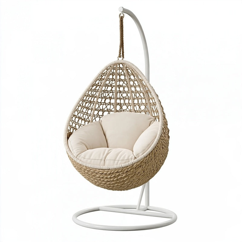 Poltrona sospesa 105 x 105 x 195 cm in fibra intrecciata beige con supporto bianco da esterno