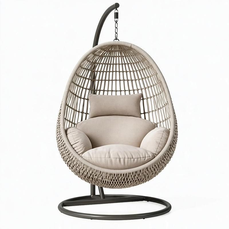 Poltrona sospesa 105 x 105 x 195 cm in fibra intrecciata beige e metallo nero per interni e spazi esterni coperti
