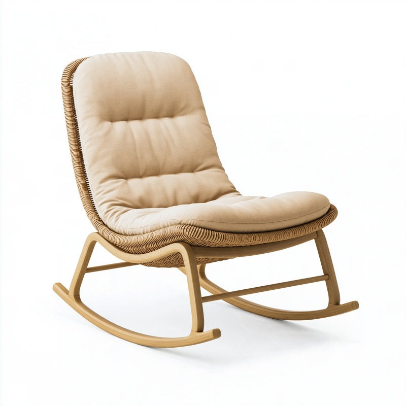 Sedia a dondolo 95 x 70 x 100 cm in legno e rattan beige con seduta imbottita per interni