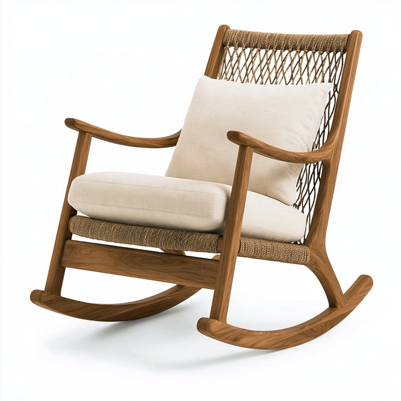 Sedia a dondolo 70 x 95 x 105 cm in legno marrone con corda e seduta beige - stile naturale