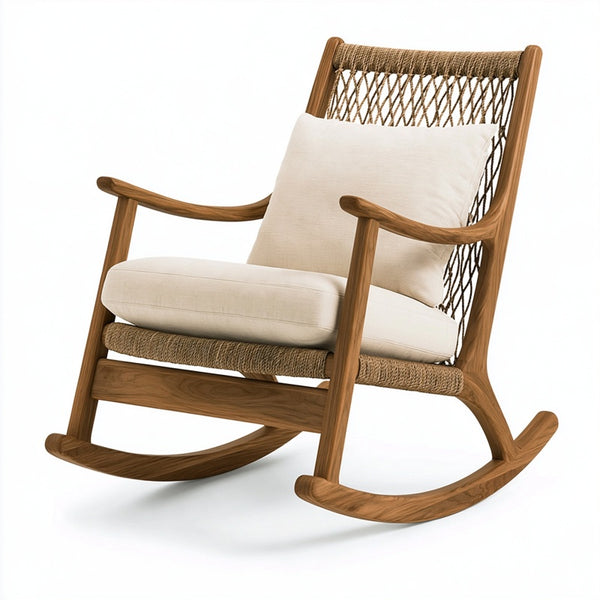 Sedia a dondolo 70 x 95 x 105 cm in legno marrone con corda e seduta beige - stile naturale