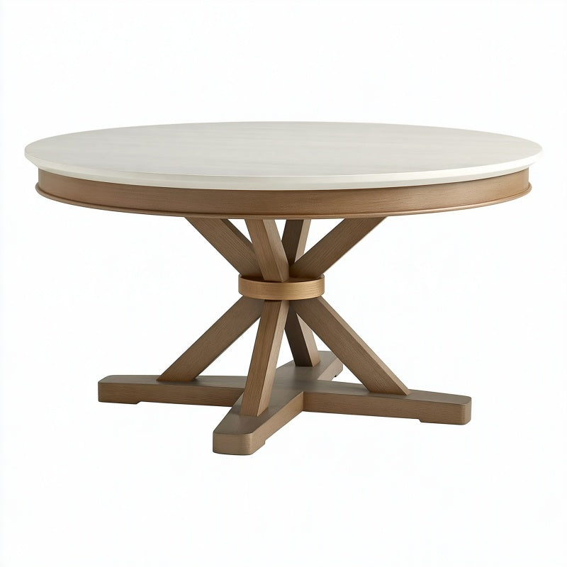 Tavolo da pranzo rotondo diametro 130 cm in legno marrone e bianco - stile moderno con base centrale