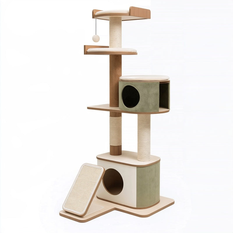 Albero tiragraffi per gatti 60 x 50 x 180 cm in legno sisal e tessuto verde con cuccia e ripiani