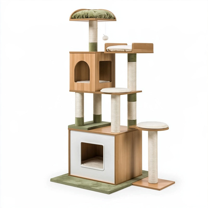 Albero tiragraffi per gatti 70 x 60 x 170 cm in legno beige verde con piattaforme e cucce