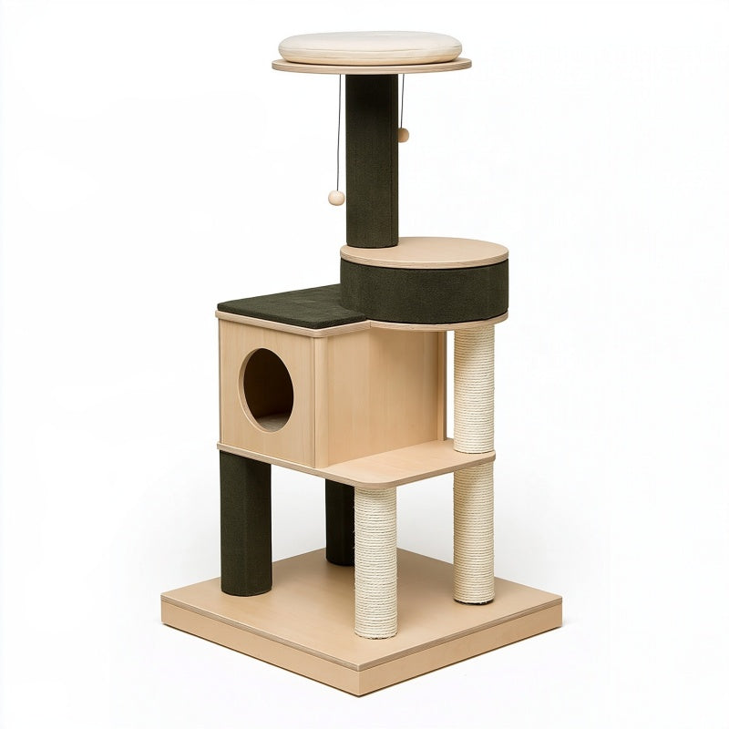Tiragraffi per gatti 60 x 50 x 135 cm in legno beige e verde oliva con sisal e cuccia