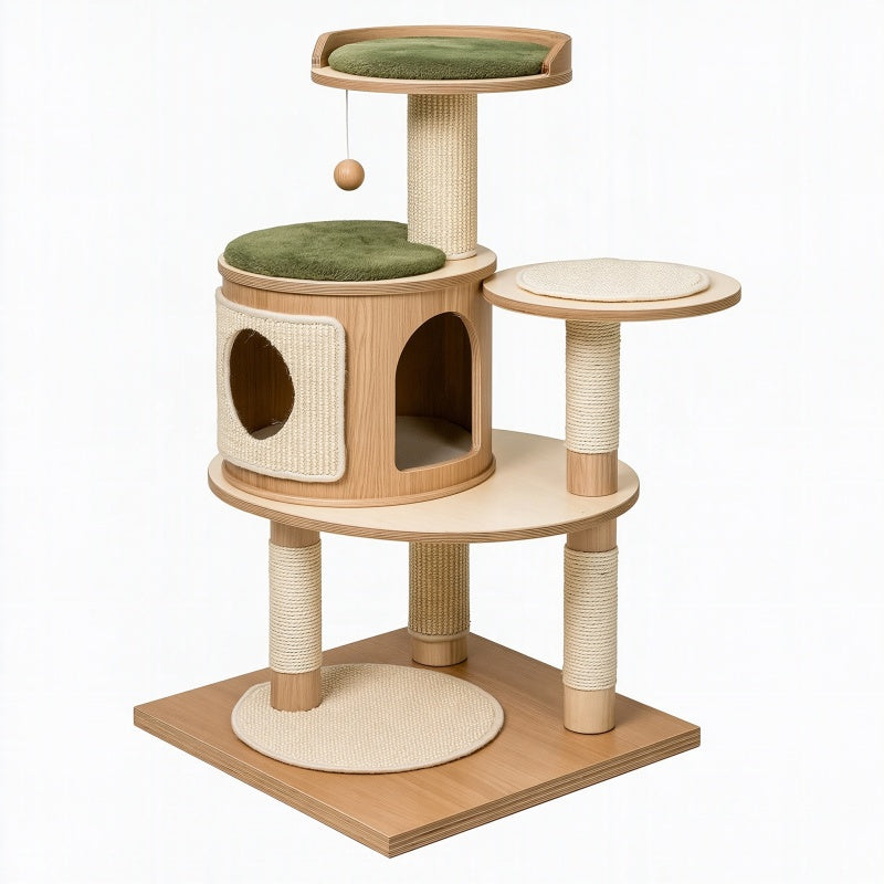 Albero tiragraffi per gatti 60 x 60 x 120 cm in legno beige e verde con tiragraffi e cuccia