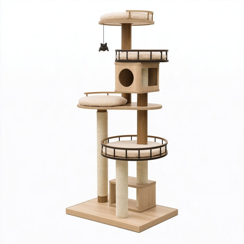 Albero tiragraffi per gatti 60 x 60 x 170 cm in legno beige con pali in sisal e piattaforme