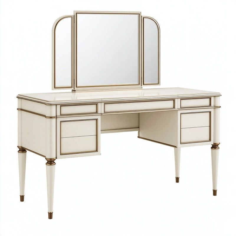 Toeletta con specchio 150 x 50 x 150 cm in legno avorio e oro stile classico con 7 cassetti