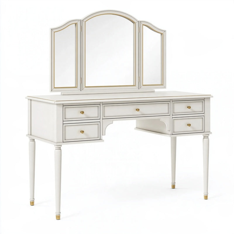 Toeletta 120 x 45 x 150 cm in legno bianco con specchio pieghevole e 5 cassetti stile classico